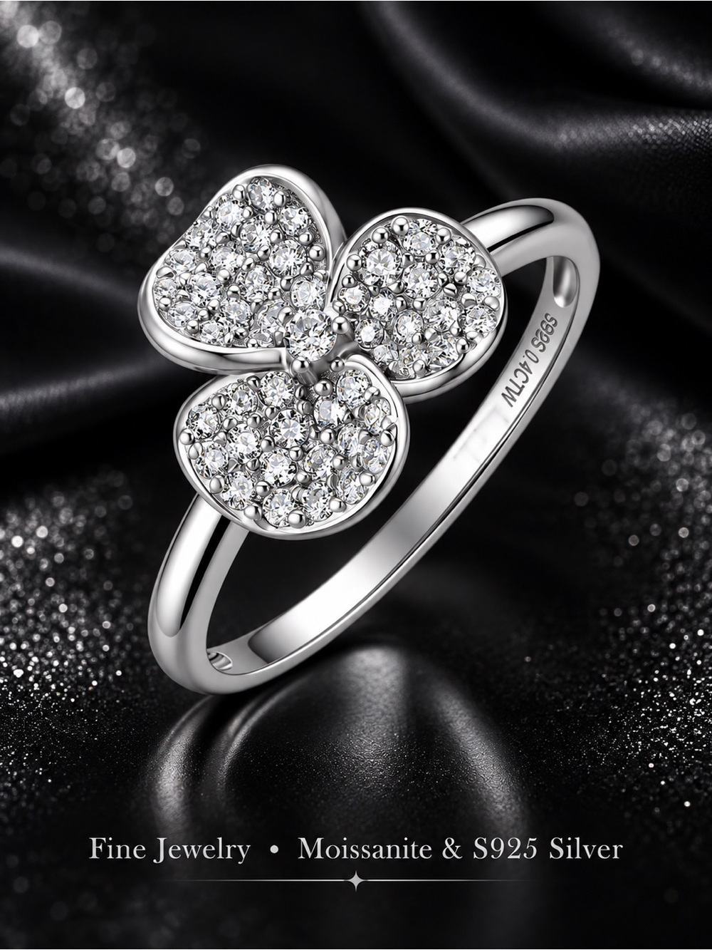 Clover Moissanite Ring- Sterling Silver
